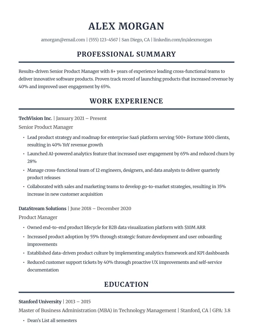A sample resume for Alex Morgan, Senior Product Manager, in OneTwo Resume's Classic template